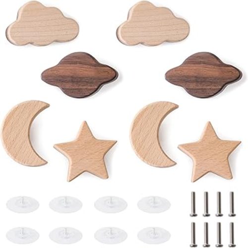 Wooden Star Moon Shape Cabinet Knobs Decorative Wood Dresser Knob with Screws Nursery Dresser Knob for Kids Girls Boys Furniture Knobs Nursery Drawer Handles for Decor (8 Pack)