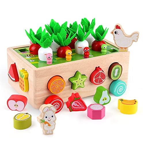 SKYFIELD Montessori Wooden Garden Toy for Baby Boys Girls 1 2 3 Years Old, Fine Motor Skills Developmental Gift Toy Color Shape Fruit Sorting Orchard Cart Farm Game for Toddler 1-3