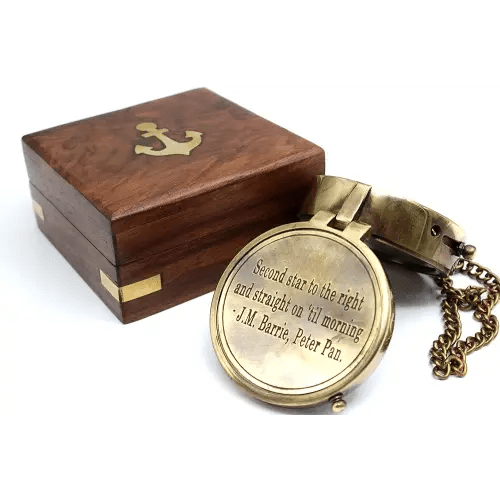 Second Star to The Right J. M. Barrie, Peter Pan Engraved Brass Compass