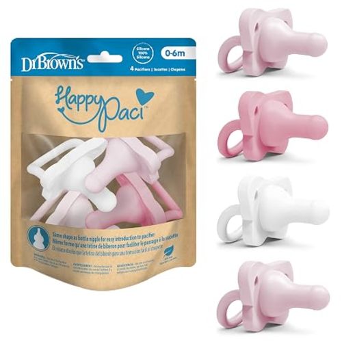 Dr. Brown's HappyPaci 100% Silicone Baby Pacifier, Contoured One-Piece Design, Light-Pink, Pink, White, 0-6m, BPA-Free, 4-Pack