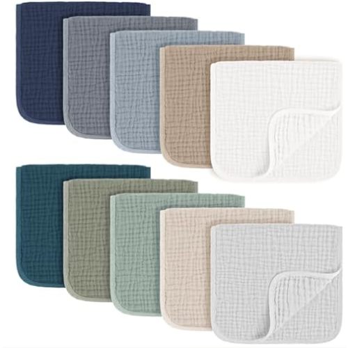 10-Pack Muslin Burp Cloths, 100% Cotton Baby Burping Cloths for Boys and Girls, Neutral Newborn Towels- Large Absorbent Diapers Cloths
