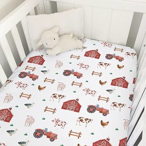 Watercolor Farm Animals Baby Crib Sheet 52''x28'' Farmhouse Barn Chicken Pig Duck Tractor Fitted Crib Mattress Sheet Covers for Boy Girl Baby Nursery Bed Sheets for Standard Crib Mattress