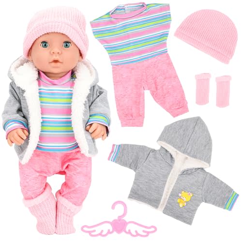 5 Pieces Baby Doll Clothes & Accessories with Outfit, Hat, Coat, Socks, Hanger for 14-16 inch Baby Doll and 18 Inch Girl Doll(Doll NOT Include)