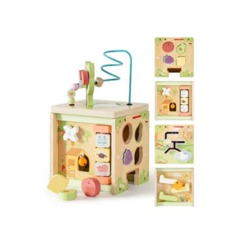 Robotime Baby Activity Gyms Wooden Activity Cube Toy for Toddlers with 9 in 1 Montessori Design and Educational Features, Yellow, 6.7"*6.7"*12.32"