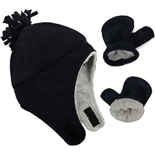 Zando Baby Boy Sherpa Lined Warm Fleece Pilot Hat Infant Toddler Winter Hat Mitten Set