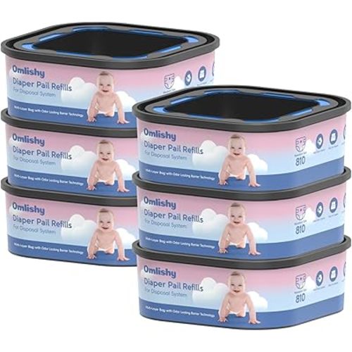 6 Pack Jumbo Square Bags Refill Compatible with Diaper Genie Compact, Select Pails (Not Fit Classic), Disposal Bag Refills with Continuous Film, Hold Up to 810 Newborn-Sized Diapers