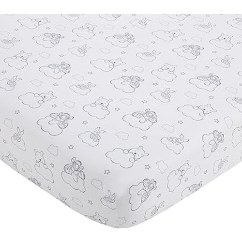 Disney Winnie The Pooh Hello Sunshine Grey & White Cloud Nursery Fitted Crib Sheet with Piglet & Tigger, Grey, White , 28x52 Inch (Pack of 1)