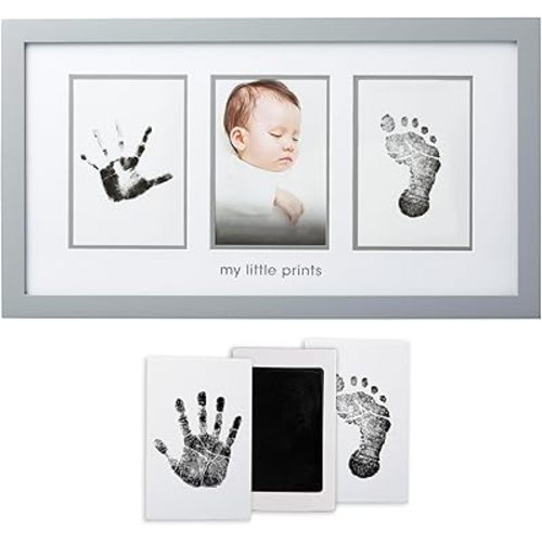 Pearhead Babyprints Photo Frame - Ideal for Baby Shower, Nursery Décor, Memory Keepsake, Newborn Kit with Clean-Touch Ink Pads for Baby Handprints & Footprints - Gray