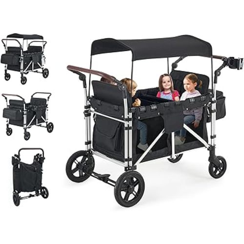 Stroller Wagon for 4 Kids, Wagon Cart Featuring 4 High Seat with 5-Point Harnesses and Adjustable Canopy, Foldable Double Push Bar Wagon Stroller for Garden, Stroller, Camping (Black-G)