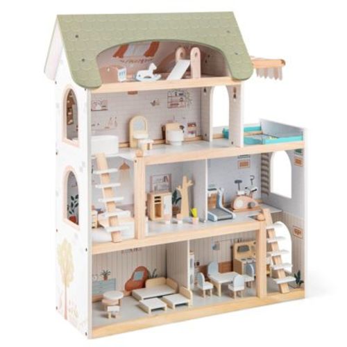Costway Kids Wooden Dollhouse 4-Story Modern Doll House with 33Pcs Furniture Accessories
