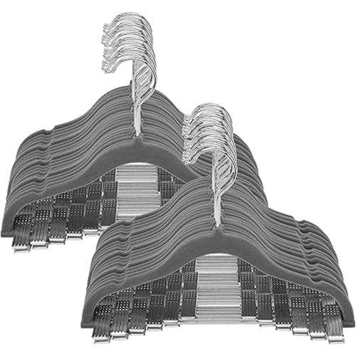Simplify 60 Pack Children's Velvet Hangers | Durable | Lightweight | Non-Slip | Nursery | Shirt | Pants | Tank Top | Grey | Clips | Closet Organization