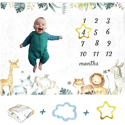 Baby Milestone Blanket Monthly Forest Boho Safari Lion Elephant Rhino Giraffe for boy Girl Newborn Growth Chart Tracker Photography Background Newborn Photo Prop Months Blanket