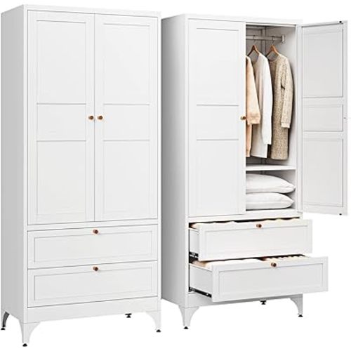Metal Armoire Wardrobe Closet with 2 Drawers,18" Deep Clothing Storage Cabinet with Doors and Shelves,Coat Closet with Hanging Rod,Bedroom,Home,Cloak Room,White