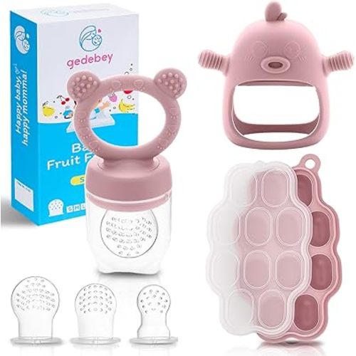 Baby Fruit Feeder Pacifier - 3 Pack | 1 Baby Food Feeder & 1 Baby Teether & 1 Baby Popsicle Molds | Breastmilk Popsicle Molds | Baby Teething Toys | Baby Fruit Food Feeder Pacifier | Teething (Blush)