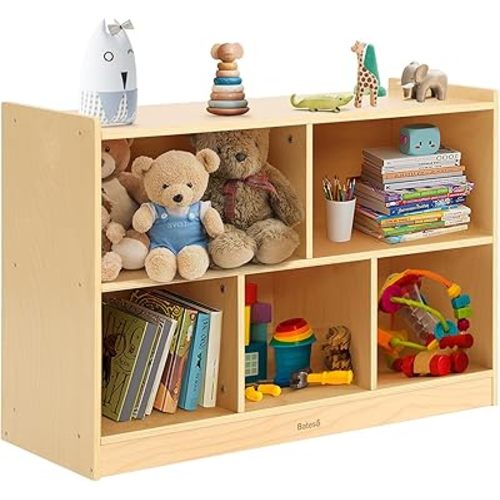 Toy Storage Organizer for Kids, 5-Compartment Wooden Toy Storage Cabinet, Montessori Bookshelf for Books & Toys, 2-Tier Kids Bookcase & Toy Shelf for Kids' Room, Playroom, Classroom, Nursery
