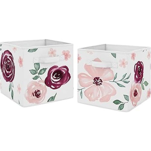 Sweet Jojo Designs Burgundy Watercolor Floral Foldable Fabric Storage Cube Bins Boxes Organizer Toys Kids Baby Childrens - Set of 2 - Blush Pink Maroon Wine Rose Green Shabby Chic Flower Farmhouse