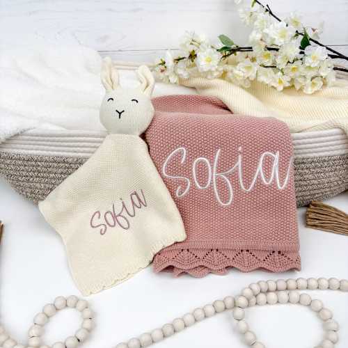 Embroidered Baby Blanket, Personalized Name Blanket, Knit Baby Blankie, Cotton Newborn Blanket, Baby Shower Gift, Cute Baby Girl Blanket