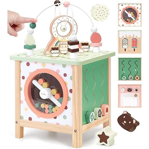 PairPear Wooden Activity Cube Montessori Toys Wooden Play Cube Activity Center Baby Busy Board Multifunctional Early Educational Development Toys Sensory Gifts for Toddlers Girls Boys 1 2 3 Year Old