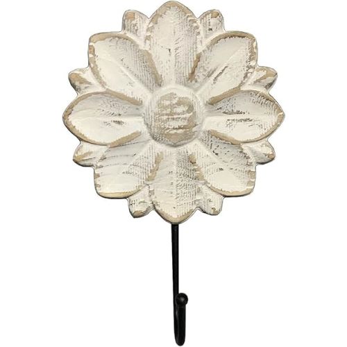 Decorative Boho Flower Towel Hooks, White Distressed Wood Hanging Hooks, Farmhouse Boho Coat Rack Hooks for Hanging Things, Towels, Purse