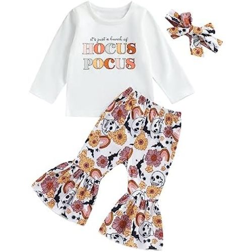Hnyenmcko Baby Girl Halloween Outfit Long Sleeve Letter Print Tops Pumpkin Flared Pants Headband Set 3Pcs Fall Clothes