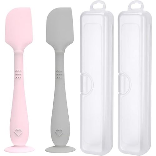 2 Pack Diaper Cream Spatula with Hygienic Travel Case, Butt Spatula Baby with Suction Base, Baby Butt Paste Spatula, Soft Silicone Diaper Rash Cream Applicator Large Size (Pink & Gray)