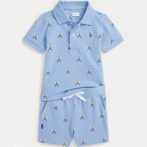 Tennis-Print Mesh Polo Shirt & Short Set