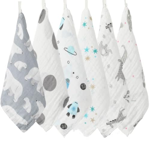 norinori Baby Msulin Washcloths Newborn Face Towel - Baby Muslin Burp Cloths 6Pack Soft Absorbent Natural Cotton Wash Towel 10"X10" Baby Bath Towels Wipes Baby Registry as Shower