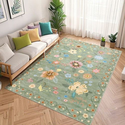 Washable Floral Rugs 8x10 Soft Boho Non Slip Flower Living Room Carpet Low Pile Area Rug for Dining Room Playroom Bedroom, Green