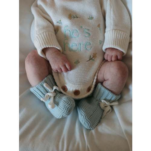 MARCH PREORDER | He’s Here Announcement Romper | Honey | Milk + Blue writing