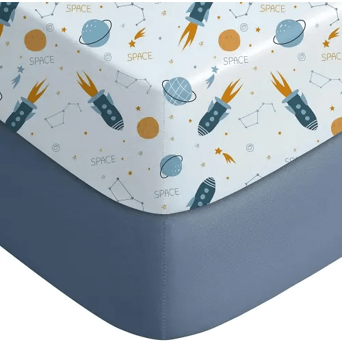 Yoofoss Pack and Play Sheets Fitted, Mini Crib Sheets 2-Pack for Pack N Play Mattress, Stretchy Playard Sheet, Soft and Breathable Blue Rocket