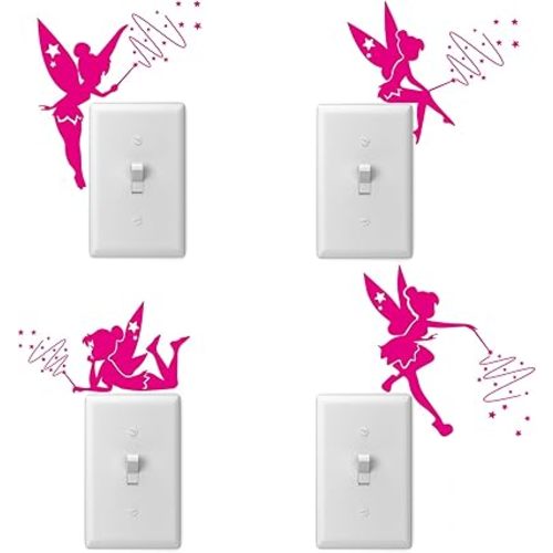 Tinkerbell Lightswitch Vinyl Decal Sticker, 4 Pack Fairy Sticker for Light Switch, Outlets or Any Ledge, Removable Cute DIY Mural Wallpaper Wall Laptop Computer Vehicle Bedrooms or Nursery (Pink)
