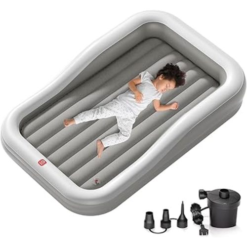 QPAU Larger Inflatable Toddler Travel Bed, Portable Kids Air Mattress with Built-in Bumpers, Fast Electric Pump, Separate Mattress Design, for Home, Grandma's, Camping, and Vacation, Grey