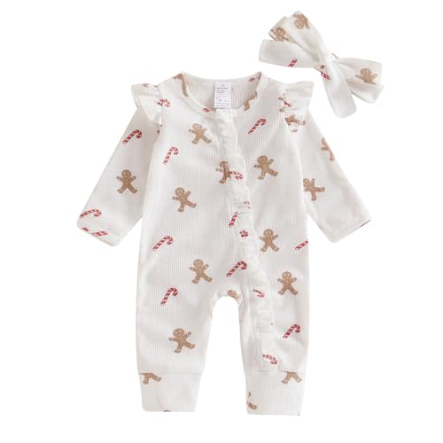 Ysfanwuxi Newborn Baby Girl Christmas Ruffle Romper Knit Sweater Onesie Jumpsuit Long Sleeve Zipper Gingerbread Print Outfits