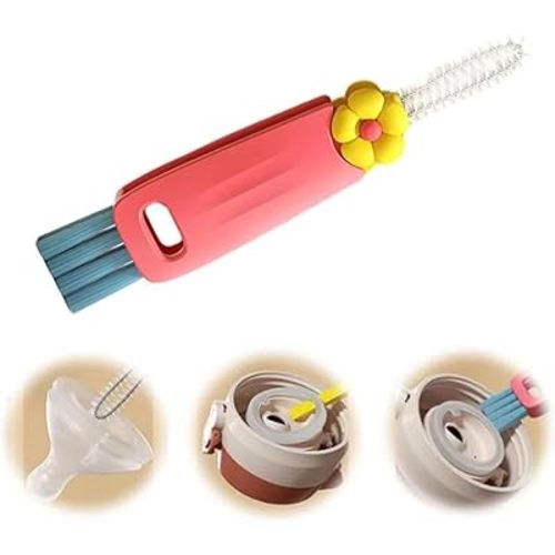 3 in 1 Cup Lid Cleaning Brush, 2025 New Cup Lid Cleaner with Brush, Multifunctional Portable Crevice Cleaning Brush Set for Baby Bottle Gap Tight Spaces, Home Kitchen Cleaning Tools (Red)