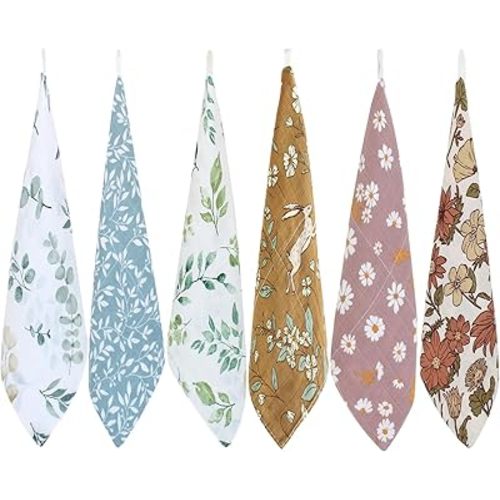 LifeTree Baby Muslin Washcloths, Soft 6 Pack Baby Wash Cloths Unisex for Boys Girls, 70% Viscose from Bamboo and 30% Cotton Bath Face Towels, Bibs for Newborn with Sensitive Skin, 10.6x10.6 inches