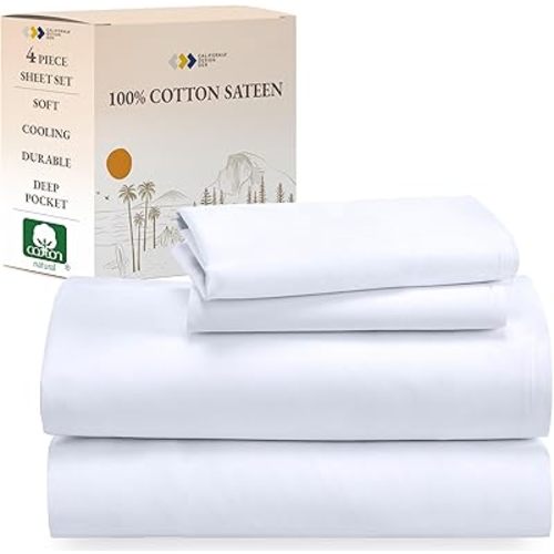 California Design Den King Size Sheets Set - Natural 100% Cotton Sheets King Size with Deep Pockets, Soft Sateen Weave, Breathable, Cooling and Durable Bedding Set (White)