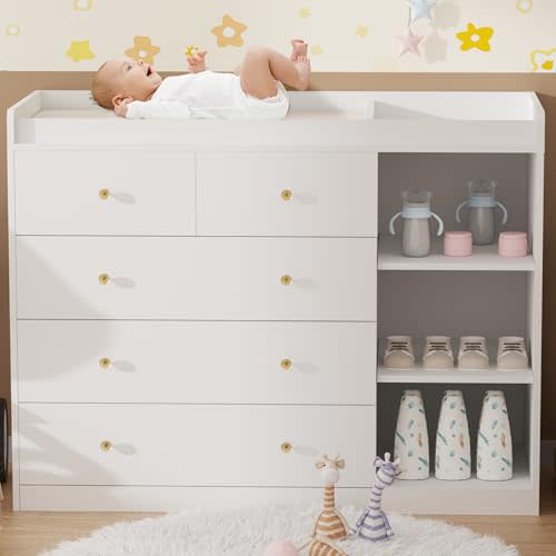 QUNTTINA Baby Changing Table Dresser Diaper Change Table with 5 Drawers Storage Changing Station Dresser for Infant Mobile Nursery Organizer for Newborn,White