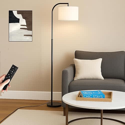 Arc Floor Lamp with Remote and Stepless Dimmable Bulb, Colors Temperature & Brightness Adjustable, Floor Lamps for Living Room(Deep Beige Shade & Black Pole)