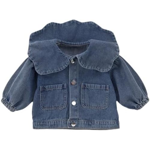 Baby Girls Denim Jacket with Peter Pan Collar - Long Puff Sleeves, Snap Button Closure, Loose Soft Tunic