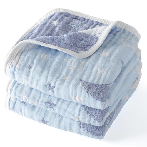 Cotton Muslin Baby Blankets Organic Comforter Reversible Neutral 6-Layer Soft 43.3"x41.3" for Newborn Infant Toddler Boys Girls, Daycare Receiving Swaddle Throw Quilt, Nursery Crib Bassinet Blanket