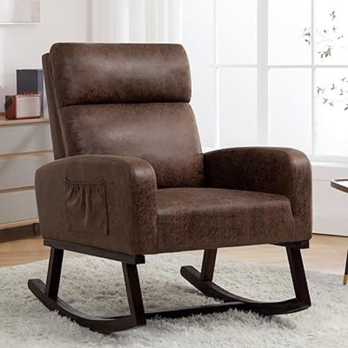 Rocking Chair Nursery, Faux Leather Nursery Rocking Chairs, Modern Nursing Rocker Armchair with High Backrest for Nursery, Living Room,Bedroom, Brown