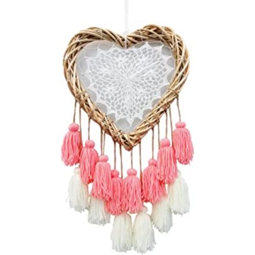 LVOPO Wall Hanging with Pink Tassels, Boho Baby Girls Room Wall Decor, Kids Nursery Decoration, Handmade Rattan Woven & Soft Cotton Cute Wall Art Backdrop, Chic Birthday Gift