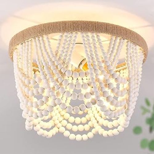 Boho Wood Beaded Flush Mount Ceiling Light White Small Chandelier Light Fixture 3 Lights Farmhouse Rustic Chandelier for Bedroom Living Dining Room Hallway Entryway Nursery Room Kids Room