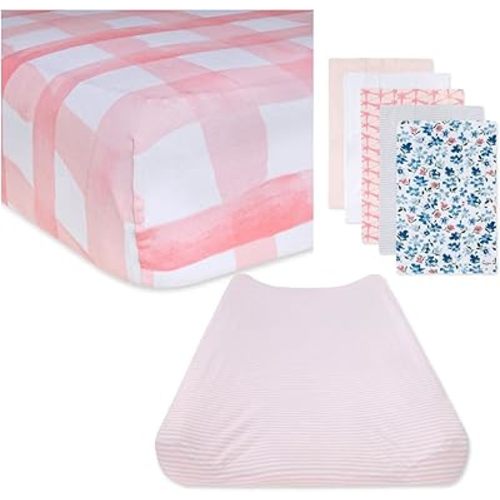 Burt's Bees Baby Unisex Baby Gift Set - Crib Sheet, Changing Pad Cover & Burp Cloths, 100% Organic Cotton Essentials Bundle