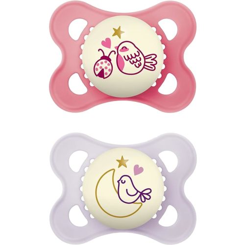 MAM Night Pacifiers (2 Pack, 1 Sterilizing Pacifier Case), MAM Pacifiers 0-6 Months, Best Pacifier for Breastfed Babies, Glow in the Dark Pacifier, Baby Girl Pacifier