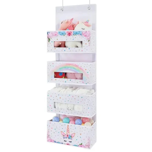 WERNNSAI Unicorn Over Door Hanging Organizer - Behind Door Hanging Storage with 4 Clear Window Pockets for Baby Girls Room Organization Gifts Toy Diaper Pantry Closet Bedroom Bathroom Nursery Decor