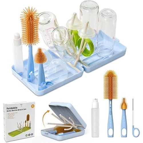 Travel Bottle Brush with Portable Bottle Drying Rack, Baby Bottle Brush for Baby Travel Essential, Blue