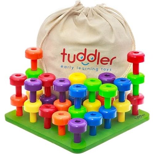 Toddler Peg Board Sensory Montessori Fine Motor Skills Educational Toys - 30 Stackable Pegs + Pattern Card + Drawstring Backpack + E-Book