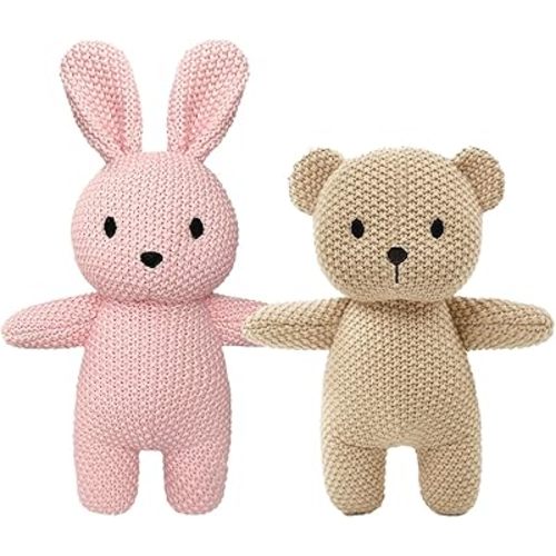 2 Pack 100% Cotton Baby Plush Stuffed Animals Cute Rabbit and Teddy Bear Knitted Plush Toy Gifts for Kids and Newborns, Handmade Crochet Doll for Christmas, Easter (Bunny+Teddy Bear)