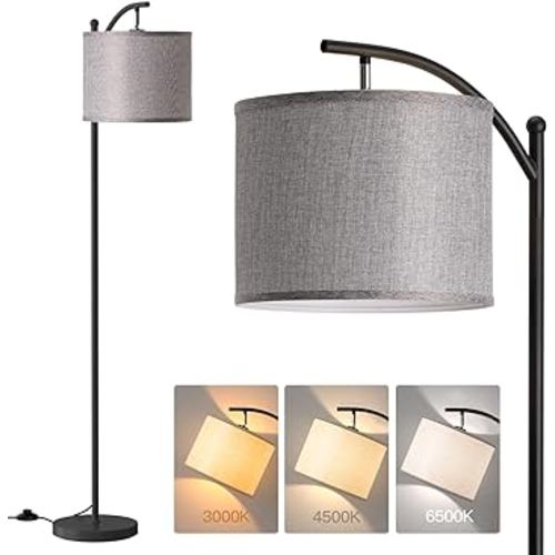 addlon Floor Lamp for Living Room with 3 Color Temperatures, Standing lamp with Linen lampshade for Bedroom, Office, Lamps with 9W LED Bulb Included - Black with Gray Lampshade